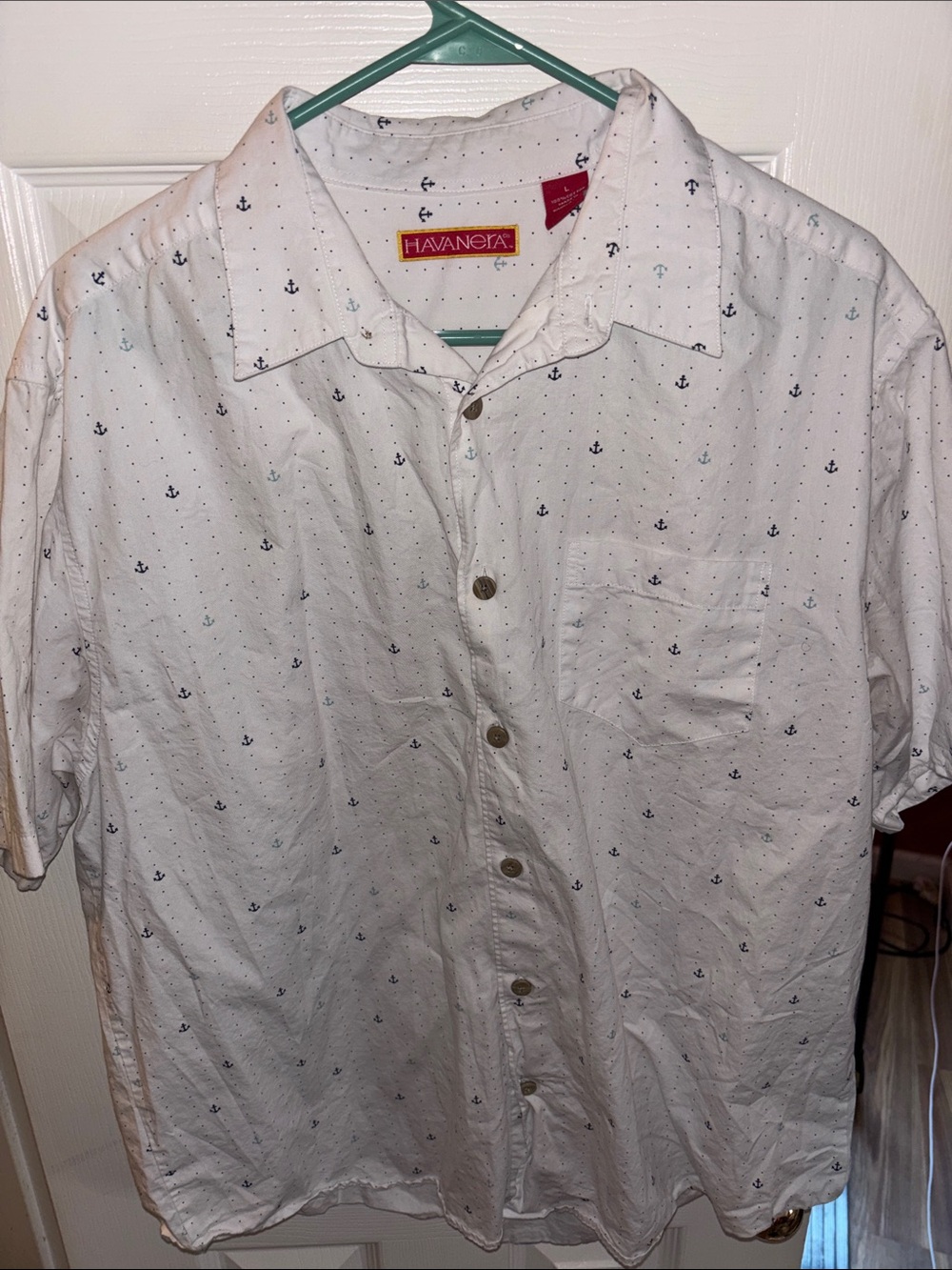 Men’s Havanera White Anchor-Print Button-Up Shirt